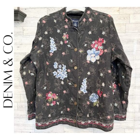 DENIM & CO. Faded Dark Wash Embroidered Denim Jacket, L - Picture 1 of 11